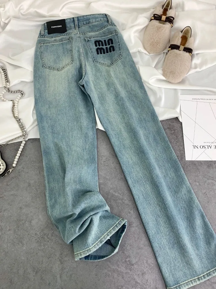 2024 spring new style high-waisted slimming loose light-colored straight pants embroidered letters narrow stretch jeans for wome