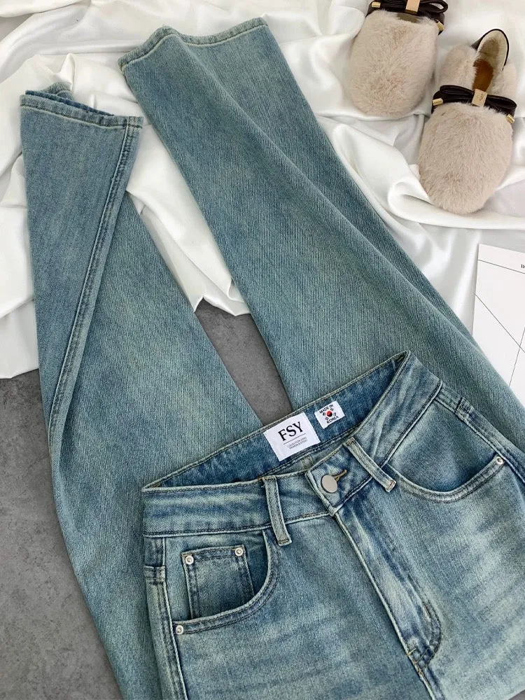 2024 spring new style high-waisted slimming loose light-colored straight pants embroidered letters narrow stretch jeans for wome