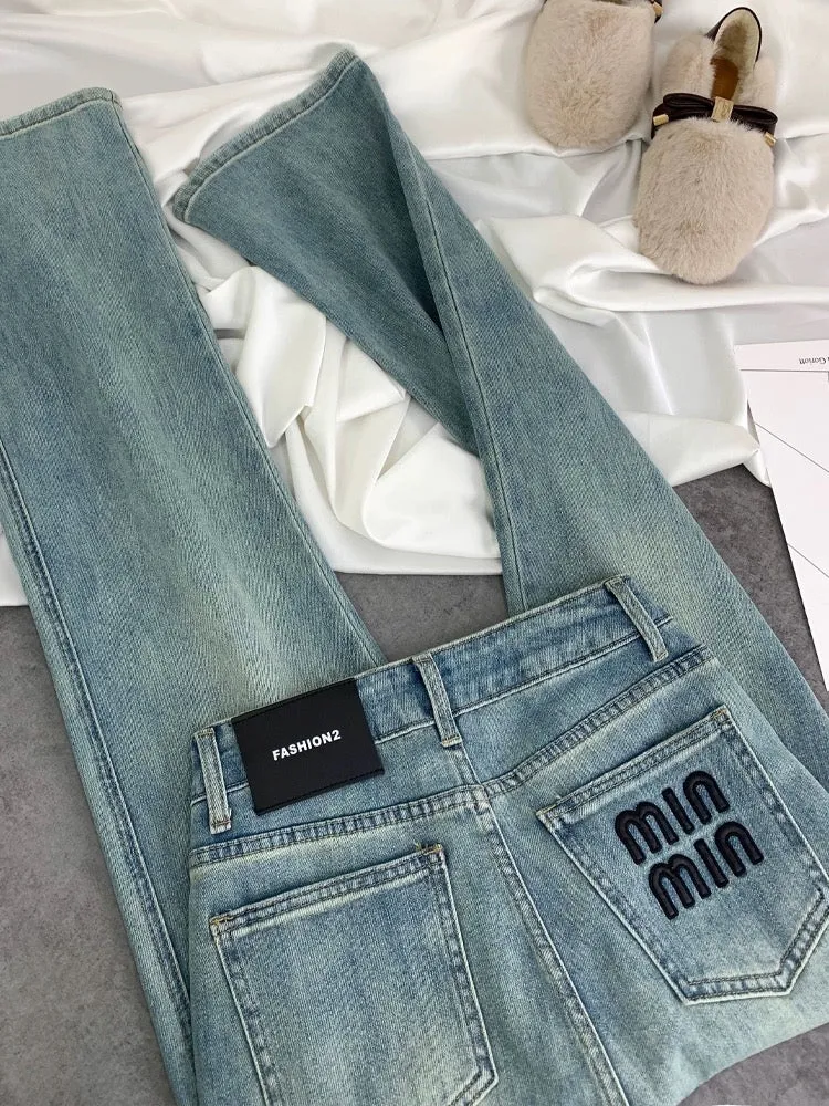 2024 spring new style high-waisted slimming loose light-colored straight pants embroidered letters narrow stretch jeans for wome