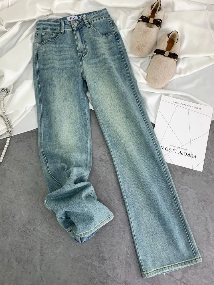 2024 spring new style high-waisted slimming loose light-colored straight pants embroidered letters narrow stretch jeans for wome