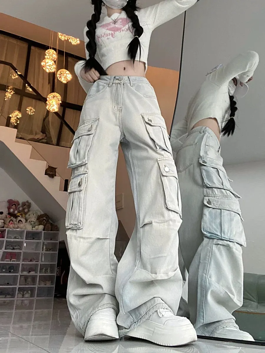 American high street washed light-colored work jeans for women in autumn loose trousers with multiple pockets and heavy-duty des