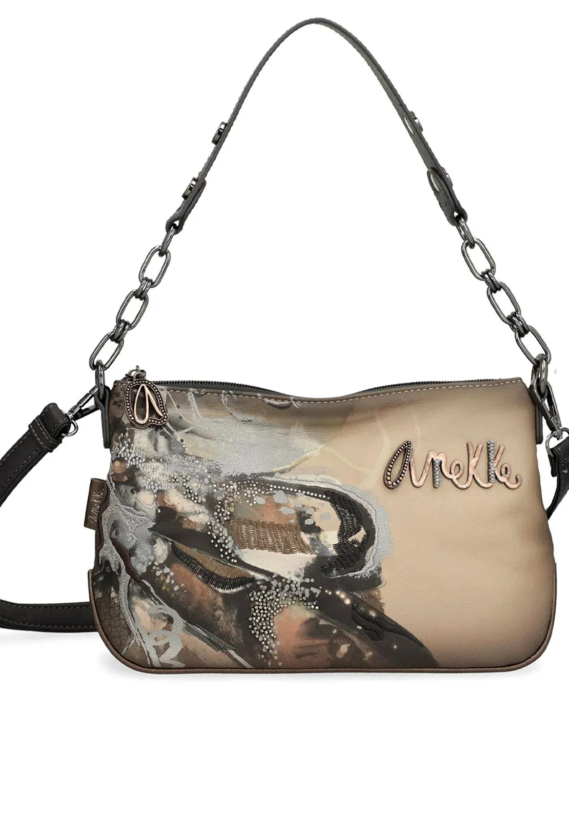 Anekke Abstract Print Embellished Shoulder Bag, Brown Multi