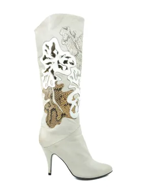 Applique Cutout Knee High Heeled Boots, 39.5