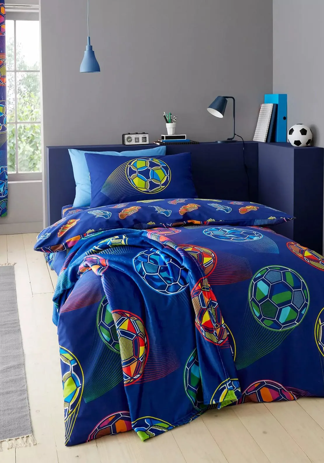 Catherine Lansfield Bright Football Reversible Duvet Cover Set, Navy