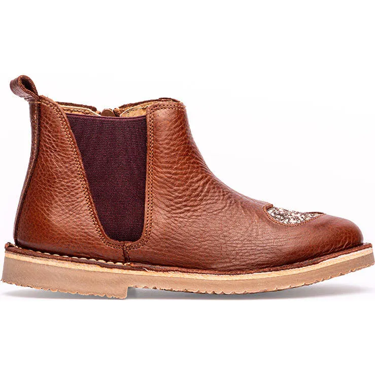 Childrenchic Brown Leather Chelsea Boot with Glitter Heart