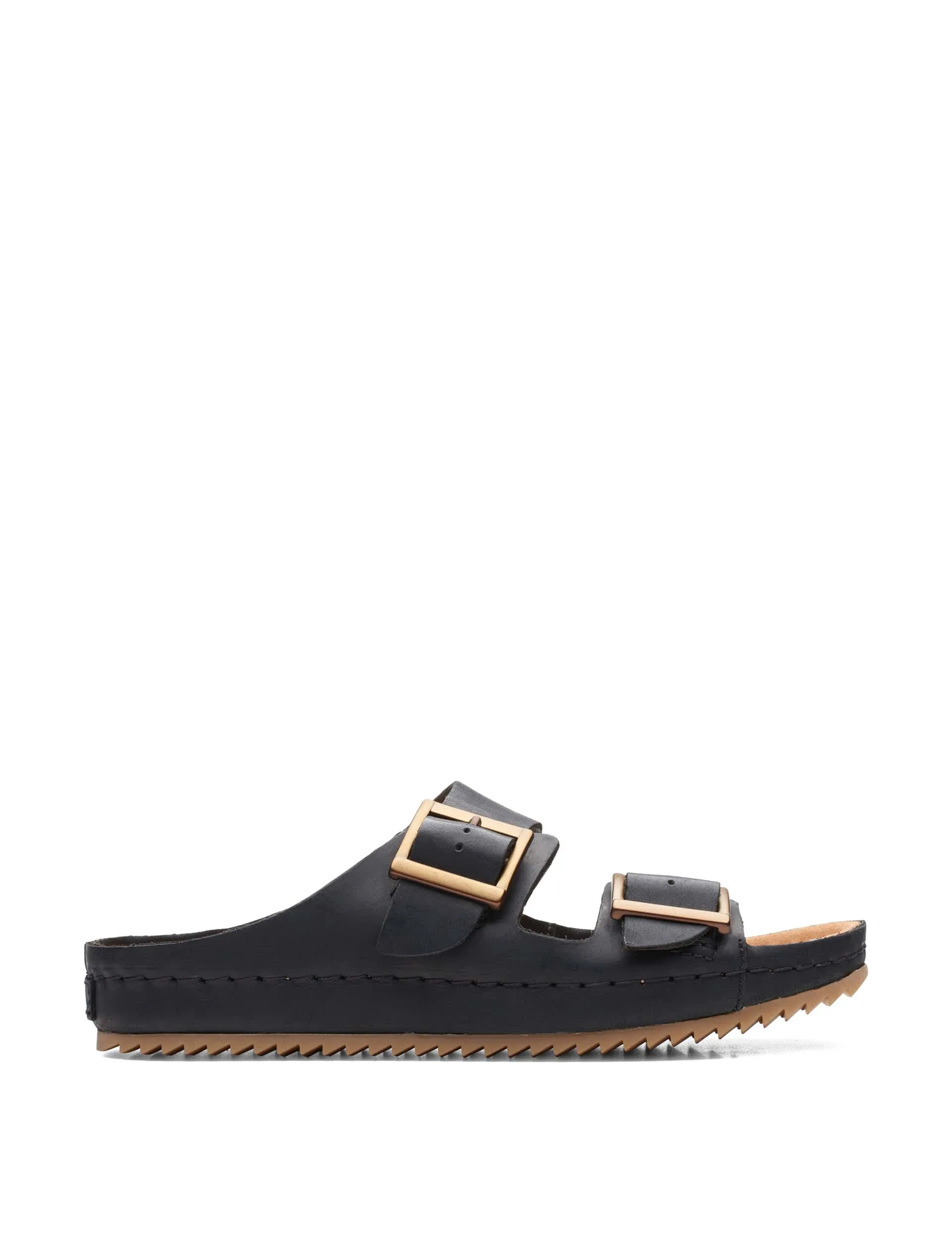 Clarks Women's Leather Buckle Flat Sliders - 5 - Black, Black,Dark Tan,Gold