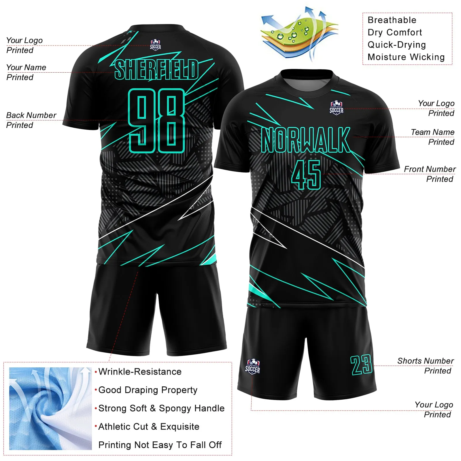 Custom Black Aqua Lines Sublimation Soccer Uniform Jersey