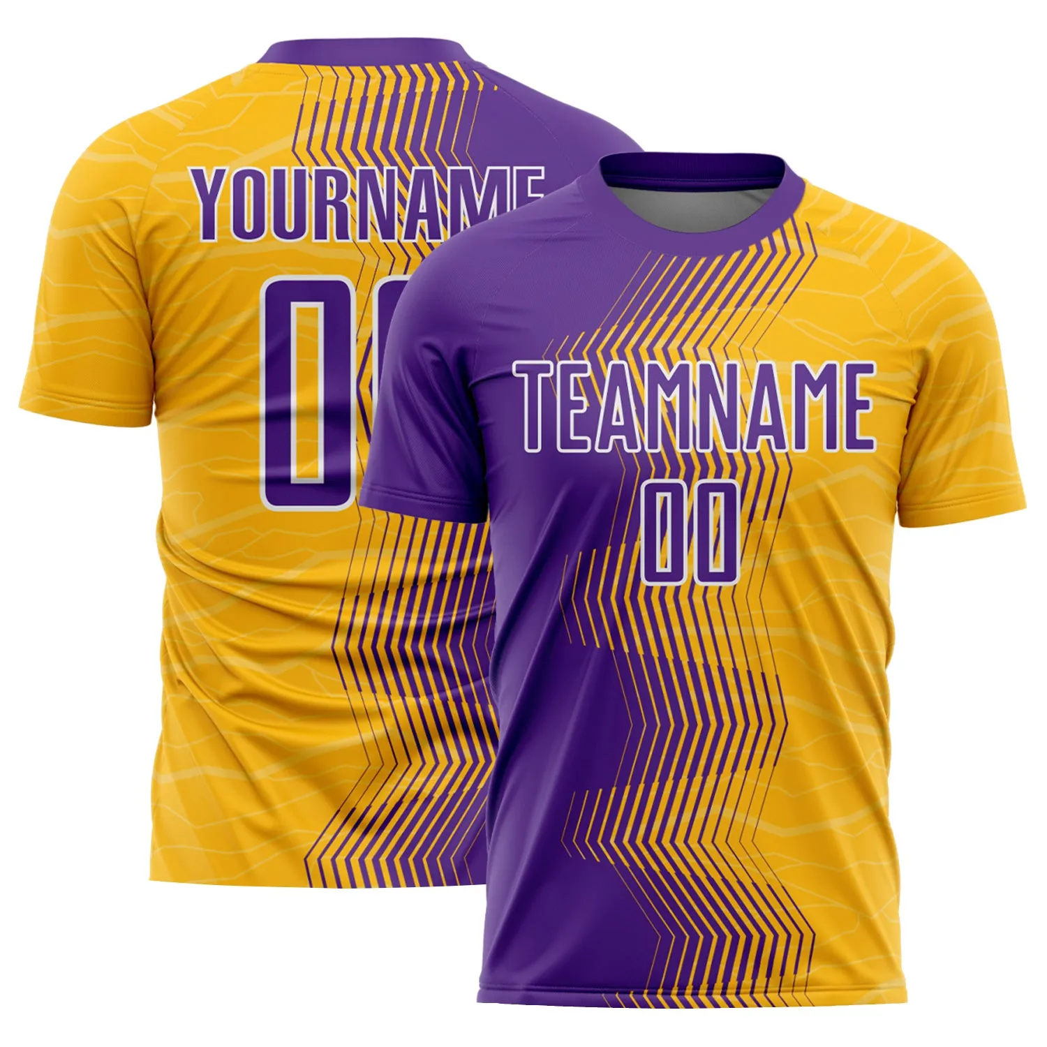 Custom Gold Purple-White Gradient Arrow Sublimation Soccer Uniform Jersey