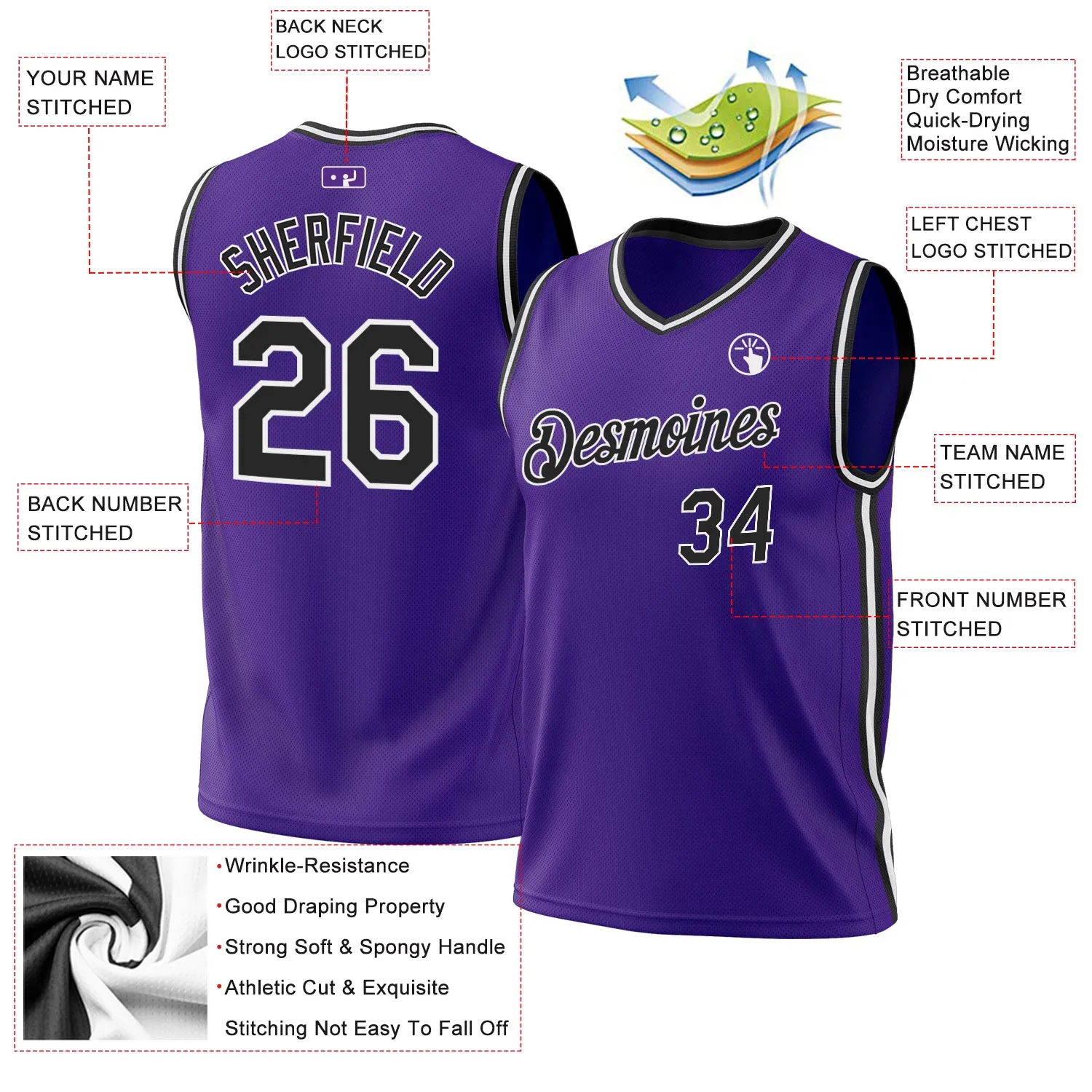 Custom Purple Black-White Authentic Throwback Basketball Jersey