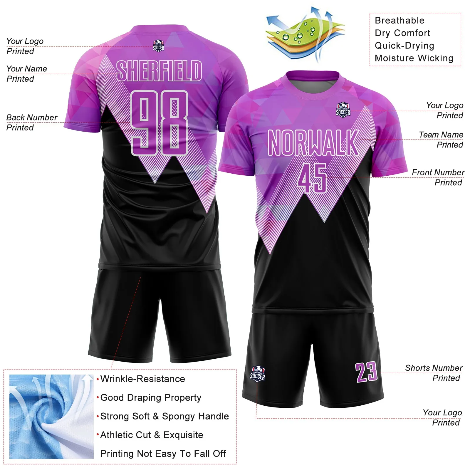 Custom Purple Black-White Geometric Pattern Sublimation Soccer Uniform Jersey