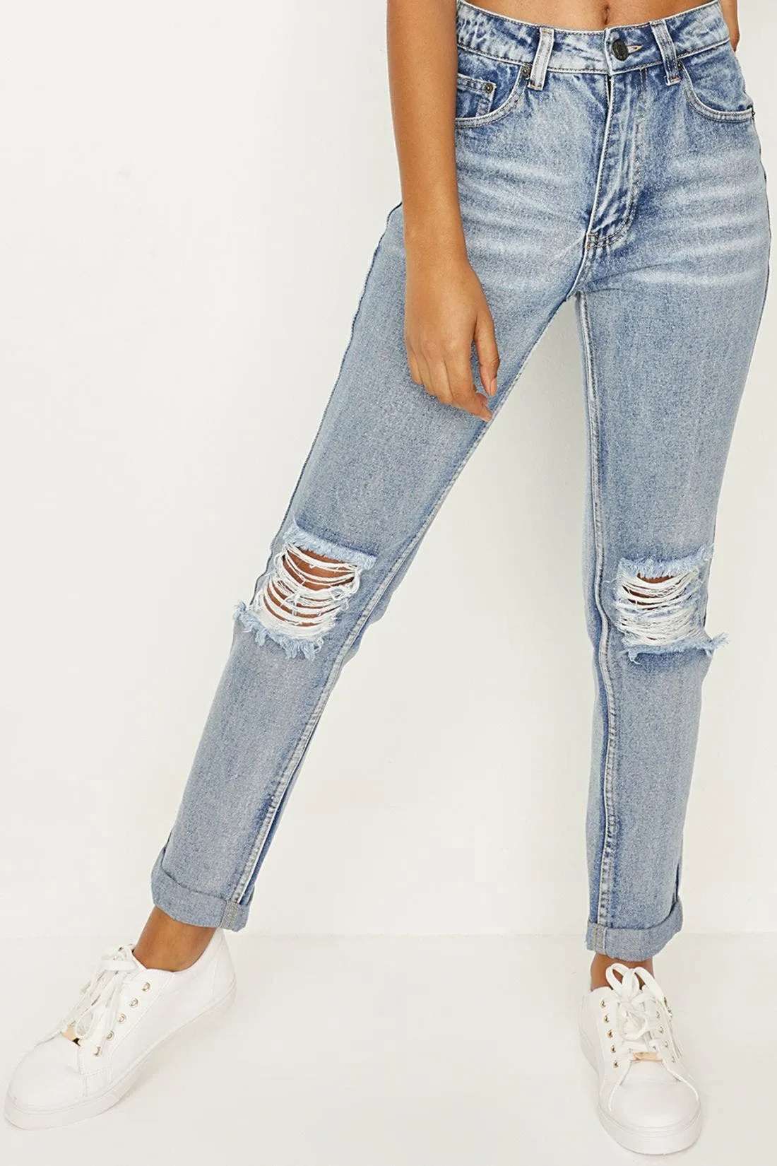 Denim Mid Rise Distressed Boyfriend Jeans