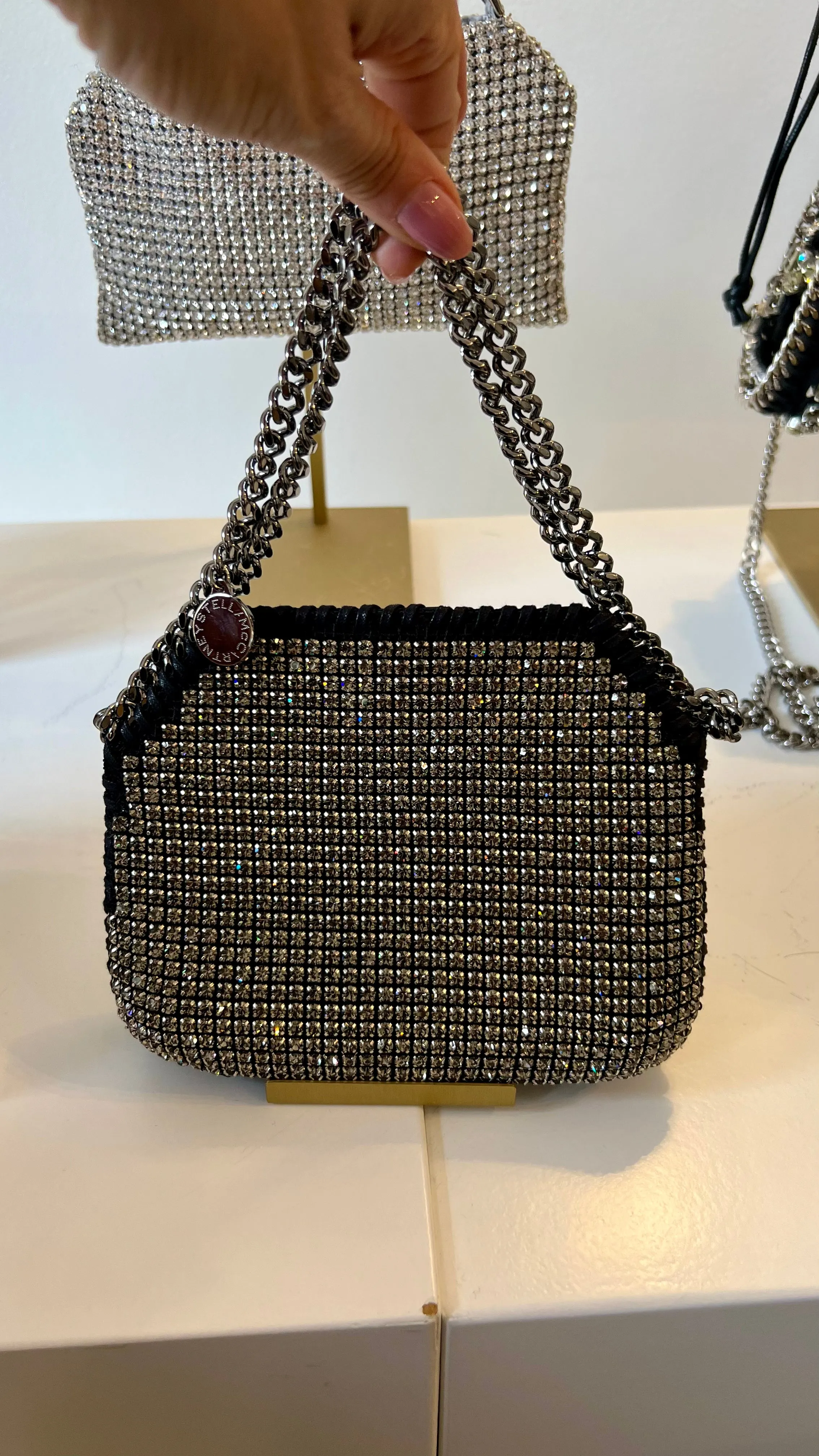 Falabella mini shoulder bag all over crystal mesh, black