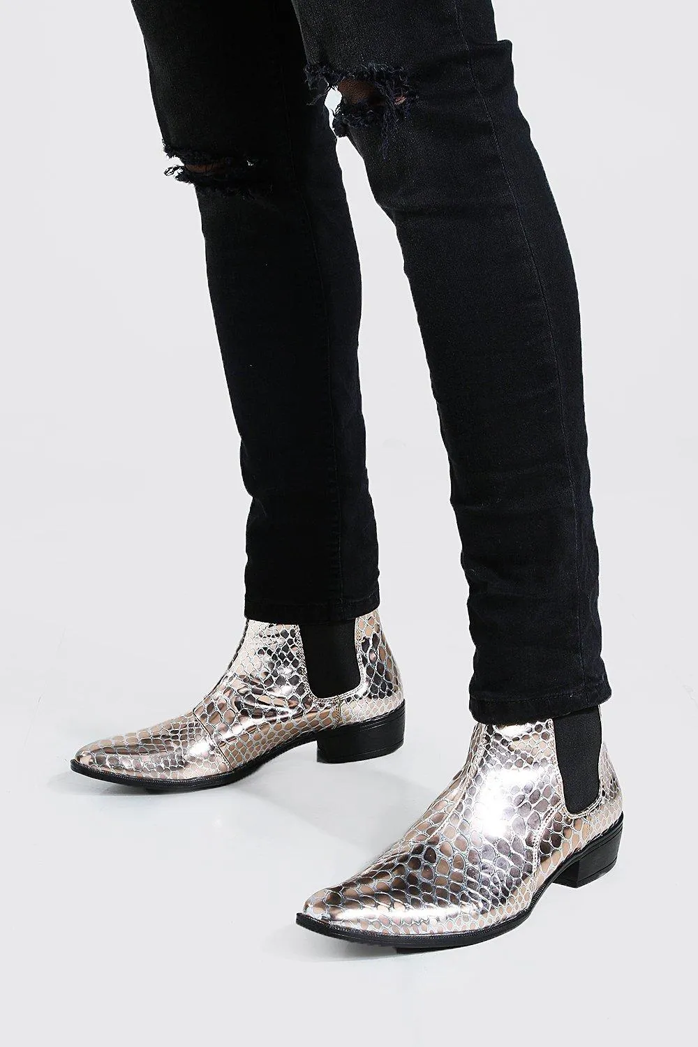 Faux Croc Cuban Chelsea Boot | boohooMAN UK