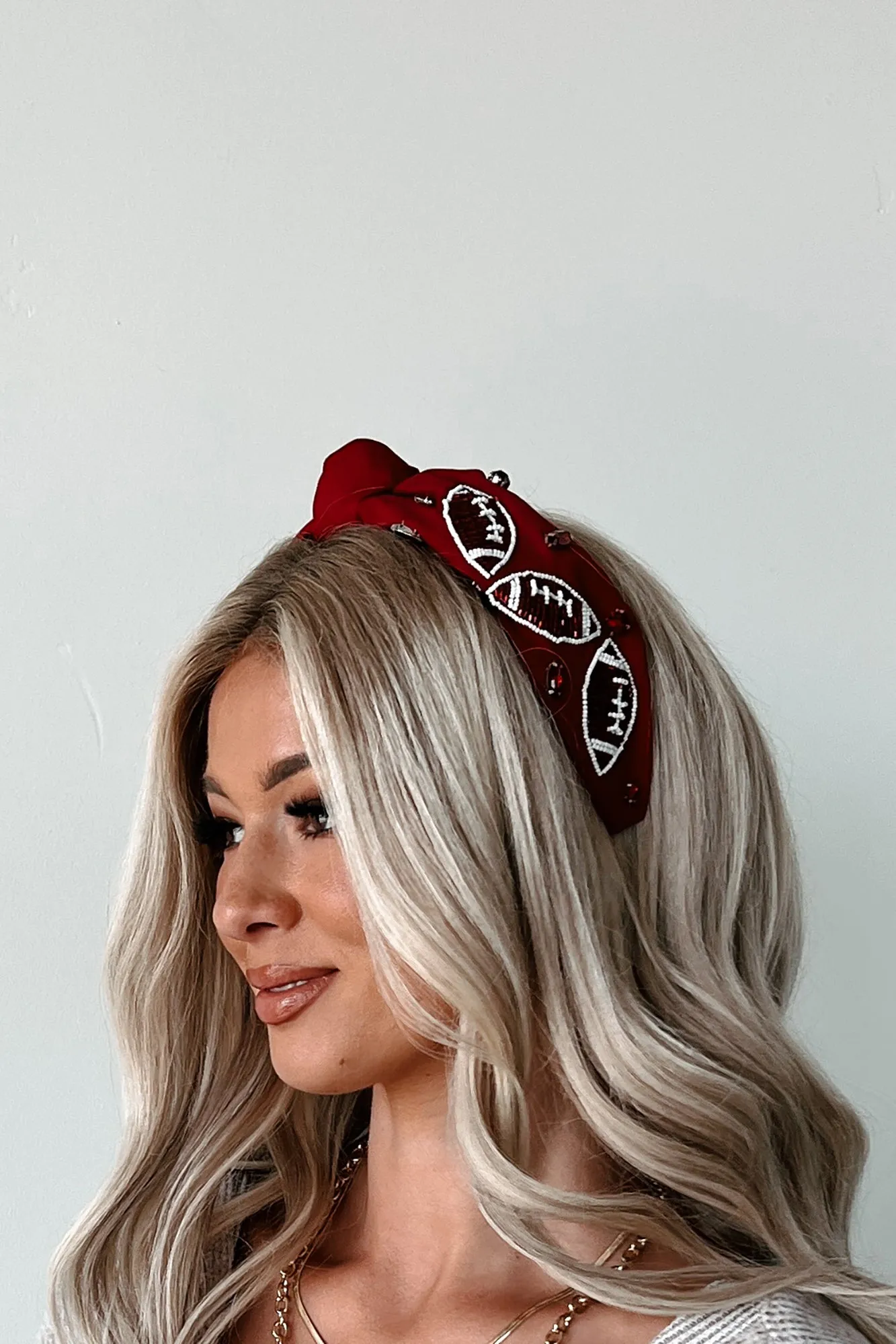 Football Fanatic Football Beaded Knot Headband (Maroon/White)