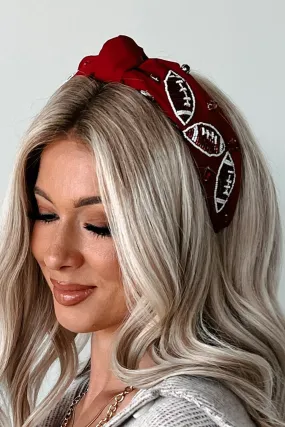 Football Fanatic Football Beaded Knot Headband (Maroon/White)