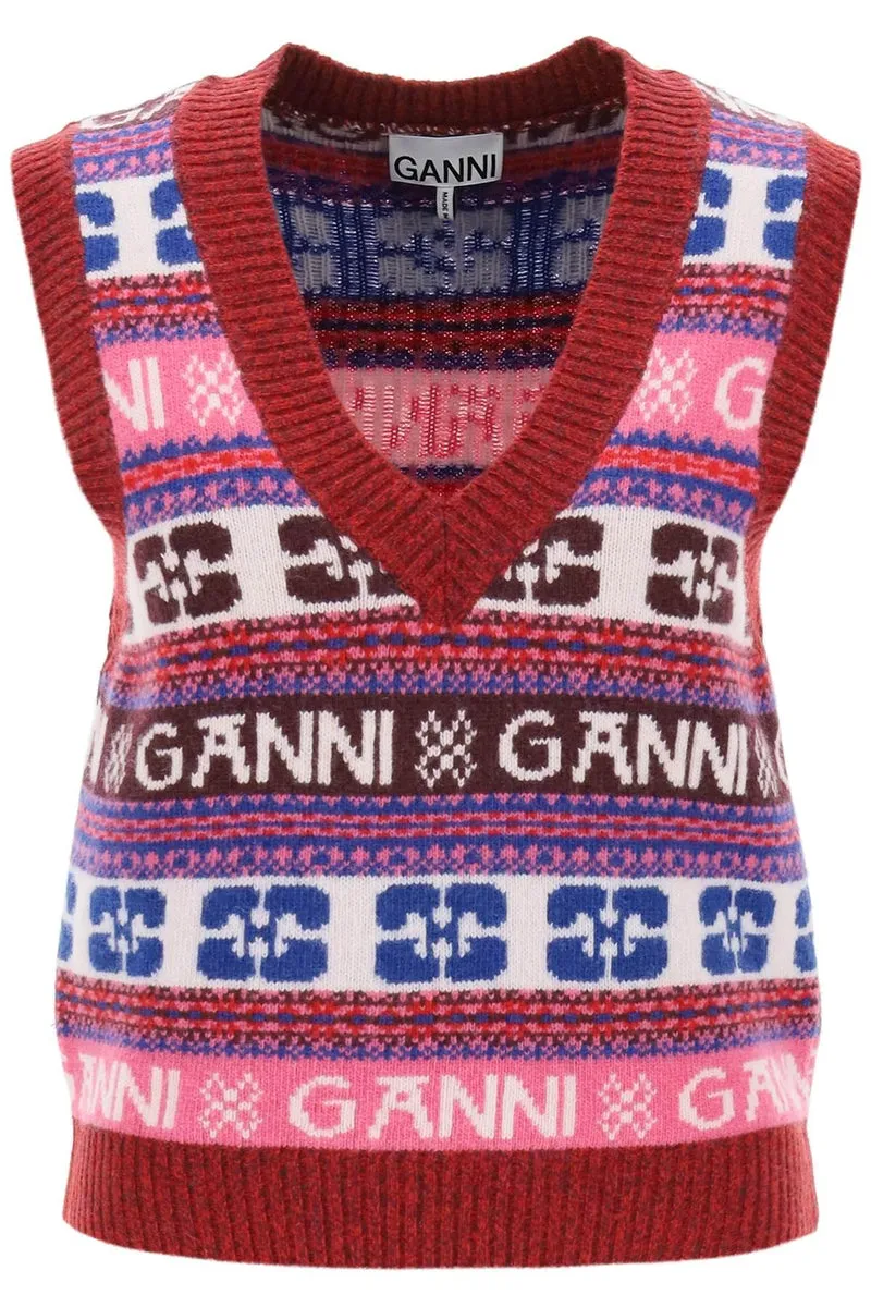 GANNI    Ganni Jacquard Wool Vest With Logo Pattern