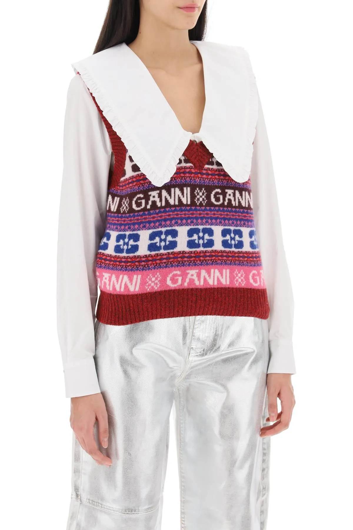 GANNI    Ganni Jacquard Wool Vest With Logo Pattern