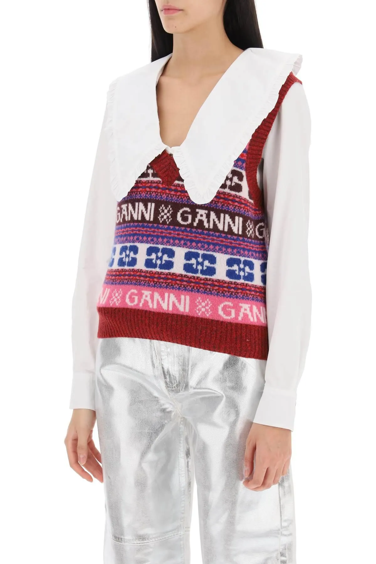 GANNI    Ganni Jacquard Wool Vest With Logo Pattern