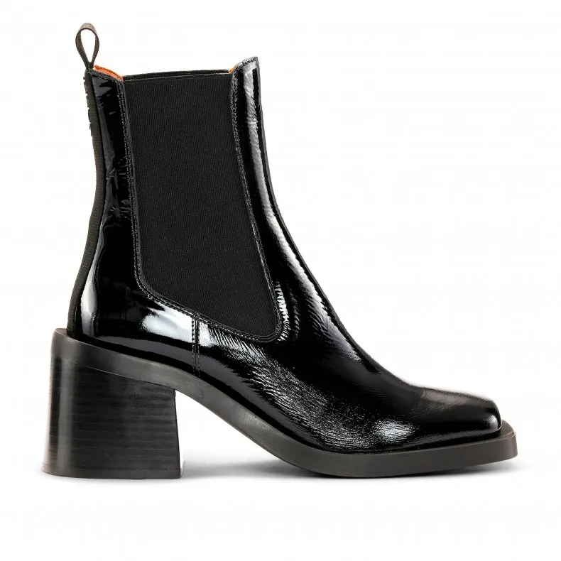 GANNI Naplack Squared Toe Wide Welt Heeled Chelsea Boot (Black)