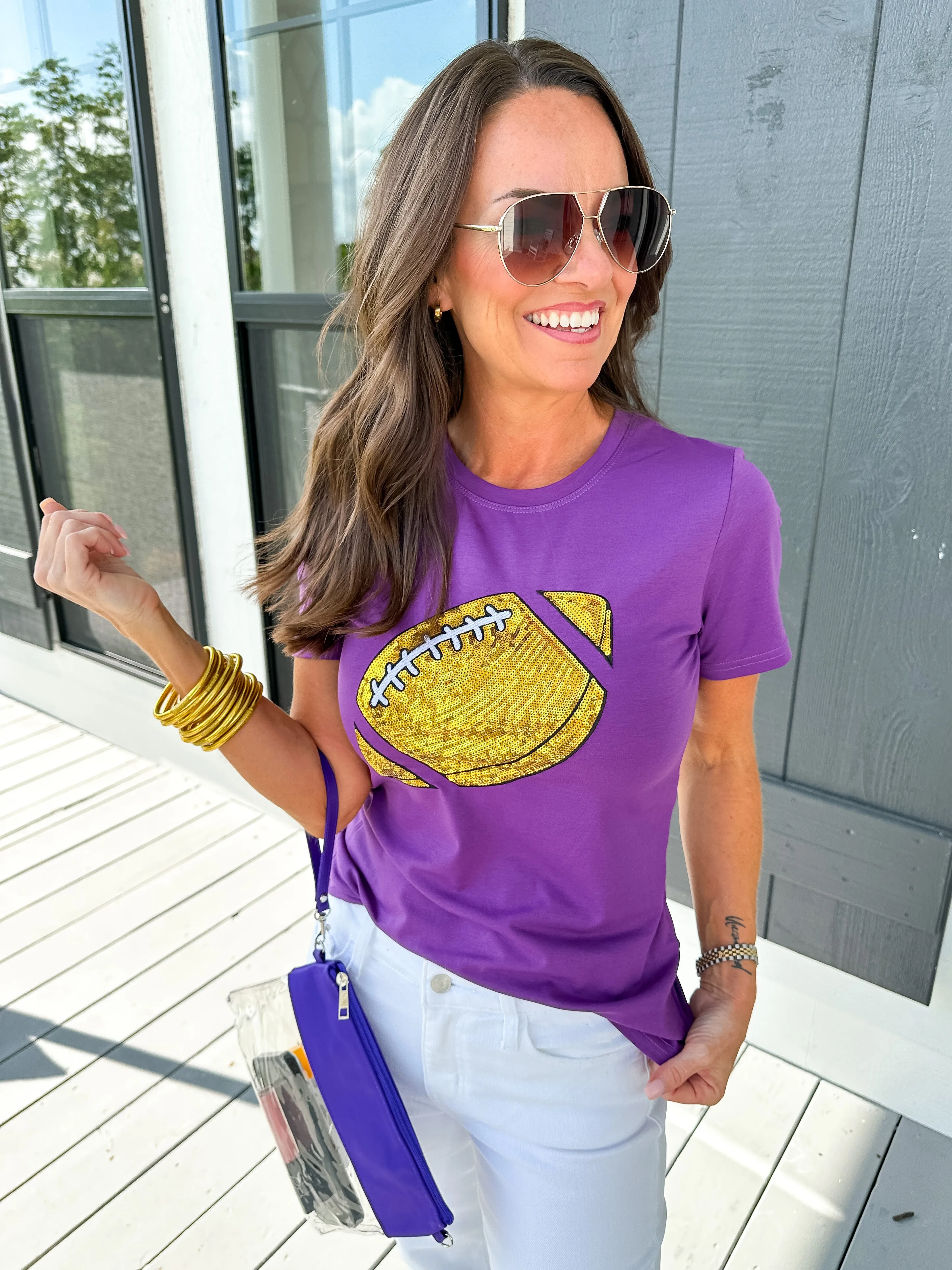 Gold Sequin Football Tee in Purple