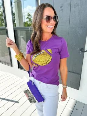 Gold Sequin Football Tee in Purple