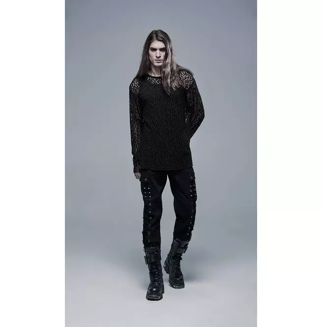 Gothic Round Neck Knitted Mesh Fabric Hoodie T-shirt for Men