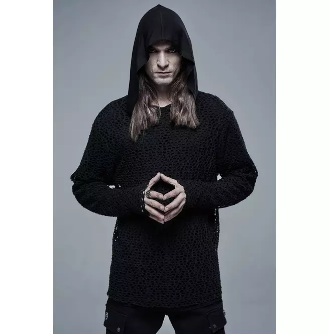 Gothic Round Neck Knitted Mesh Fabric Hoodie T-shirt for Men