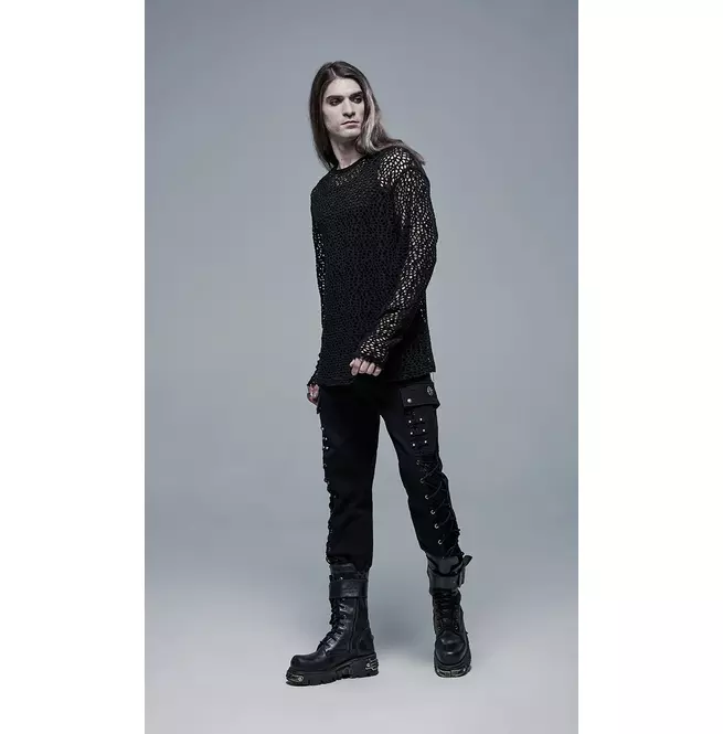 Gothic Round Neck Knitted Mesh Fabric Hoodie T-shirt for Men