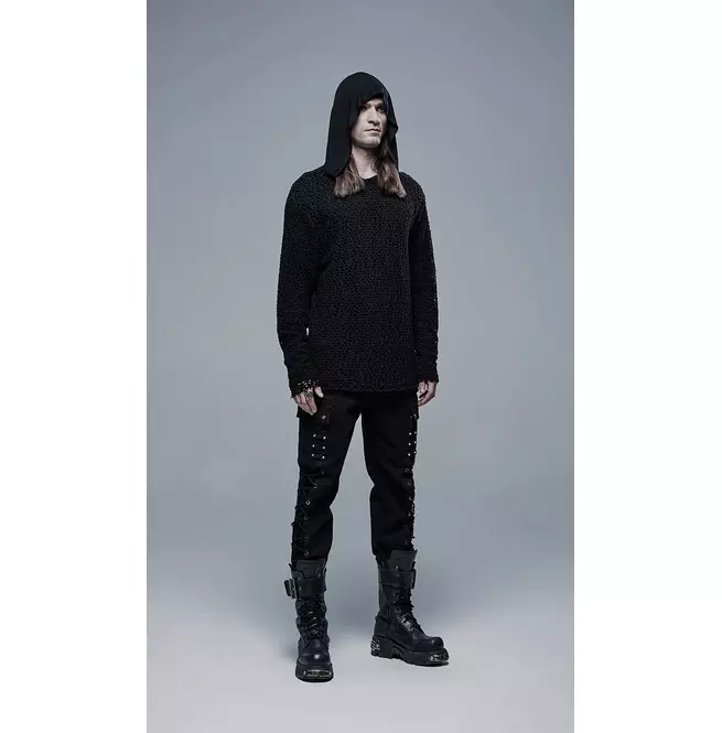 Gothic Round Neck Knitted Mesh Fabric Hoodie T-shirt for Men