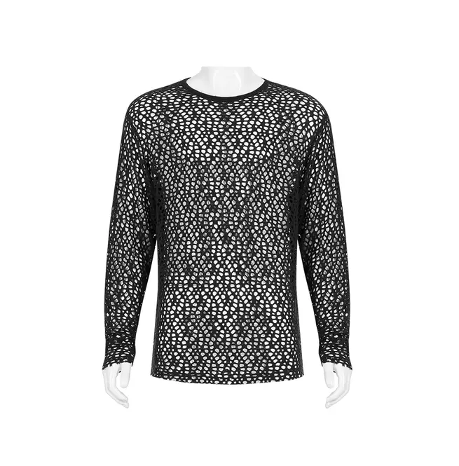 Gothic Round Neck Knitted Mesh Fabric Hoodie T-shirt for Men