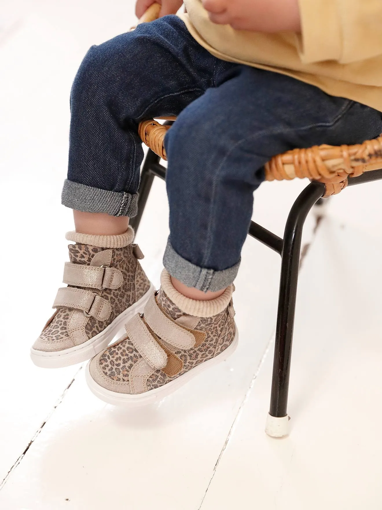 High-Top Leather Trainers for Babies - printed beige