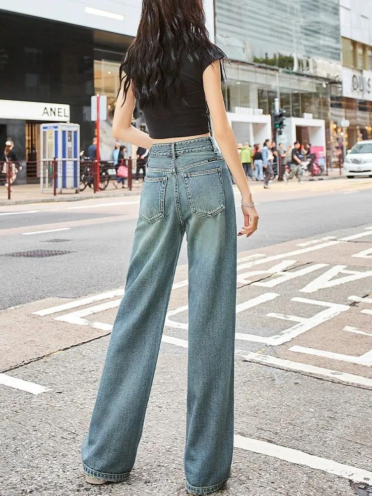 High waist retro Hong Kong style wide leg jeans for women straight drape slim 2024 spring new style high-end trousers