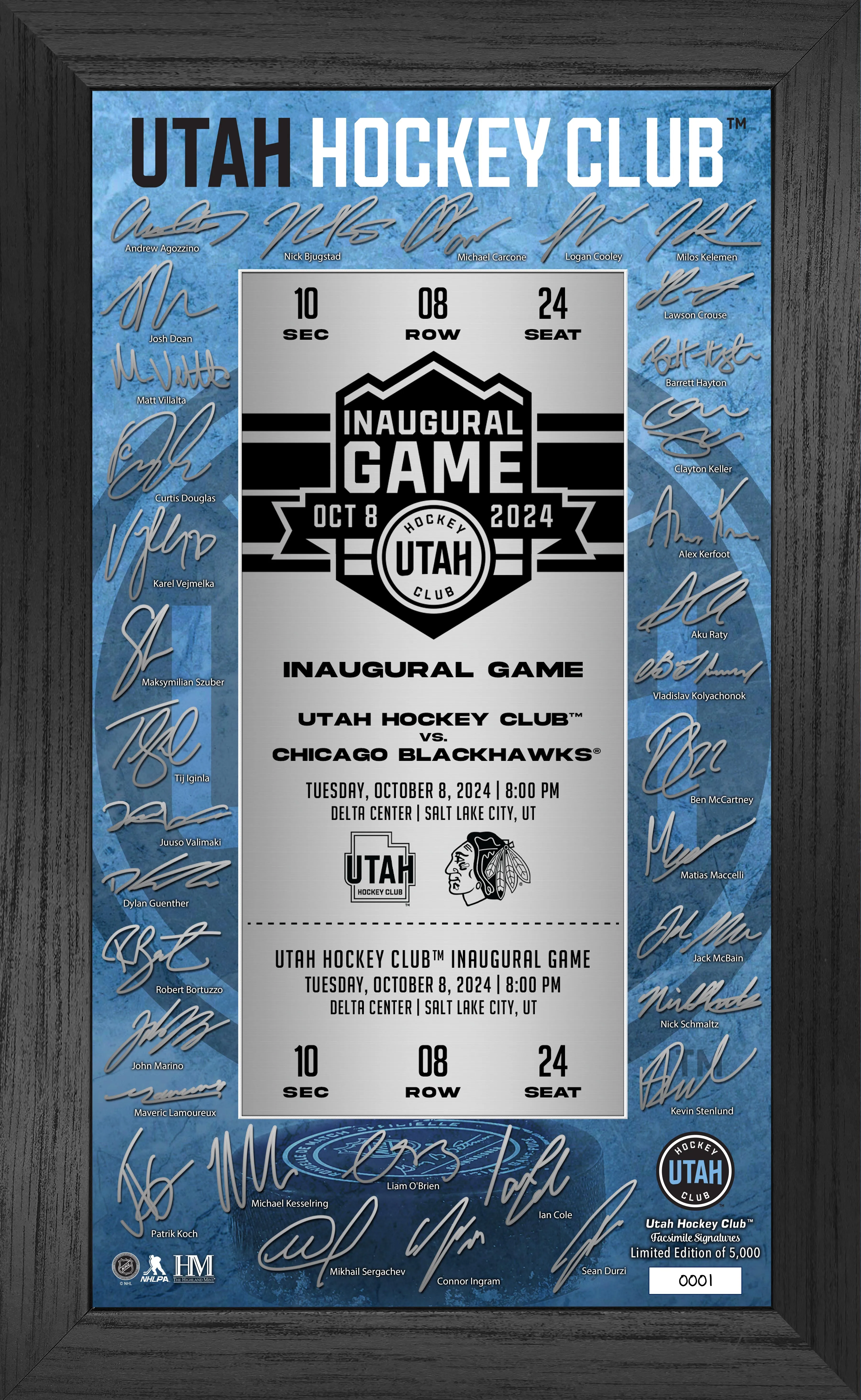 Highland Mint Utah Hockey Club Inaugural Game Signature Ticket Frame - Highland Mint