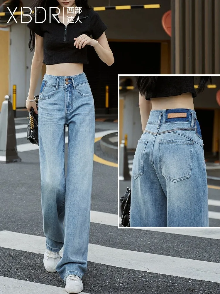 Hong Kong style straight jeans women's narrow version wide-leg pants 2024 spring new loose double-button high waist design