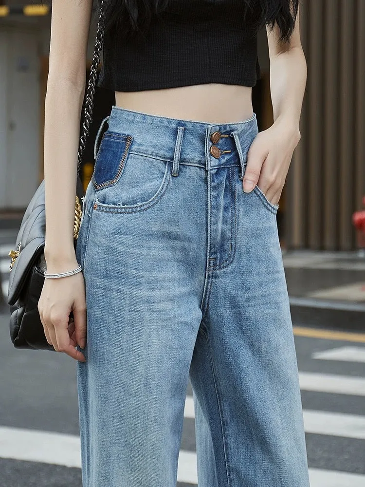 Hong Kong style straight jeans women's narrow version wide-leg pants 2024 spring new loose double-button high waist design