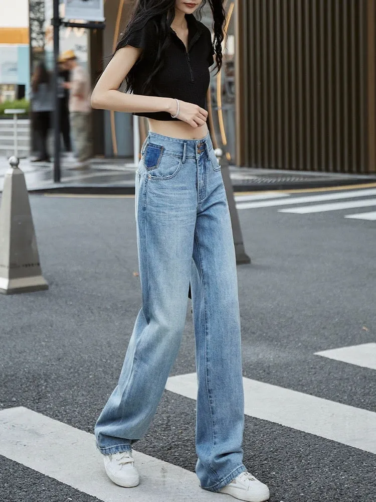 Hong Kong style straight jeans women's narrow version wide-leg pants 2024 spring new loose double-button high waist design