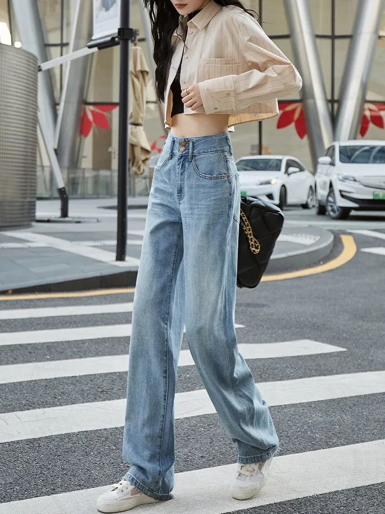 Hong Kong style straight jeans women's narrow version wide-leg pants 2024 spring new loose double-button high waist design