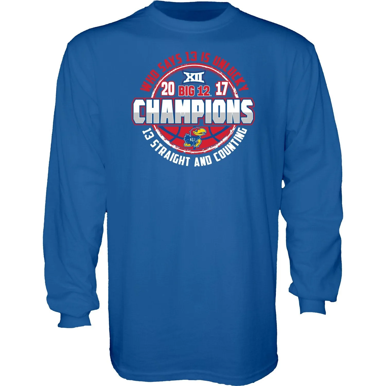 Kansas Jayhawks 13 Straight & Counting Big 12 Basketball Champs Blue LS T-Shirt