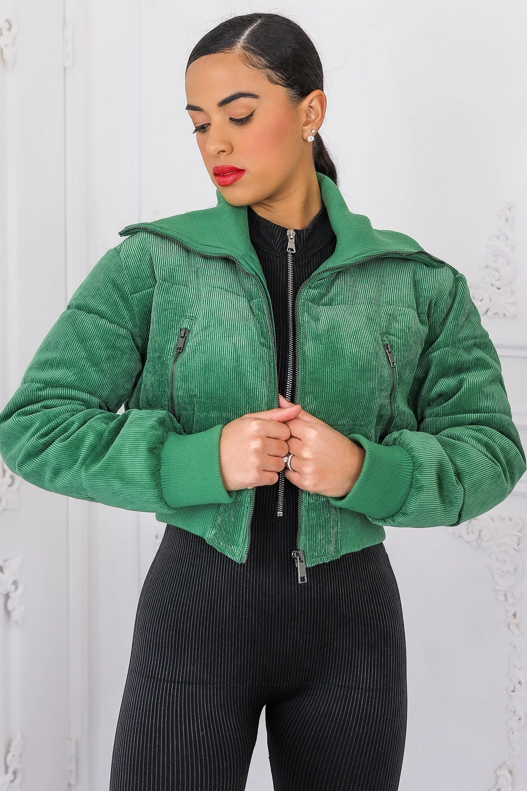 Keep Up With Me Crop Corduroy Full Zipper Puffer Jacket