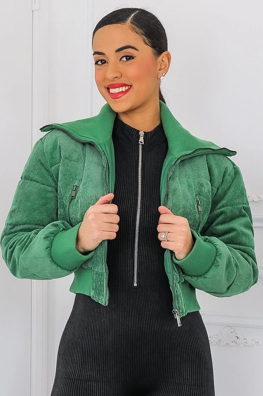 Keep Up With Me Crop Corduroy Full Zipper Puffer Jacket