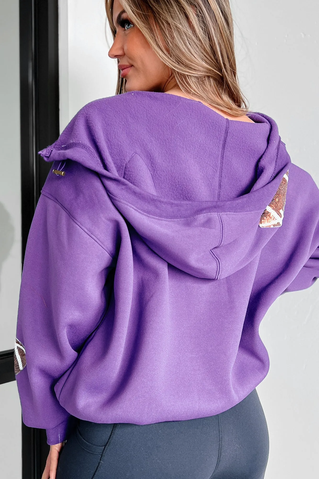 Kickoff Time Half-Zip Sequin Football Patch Hoodie (Purple)