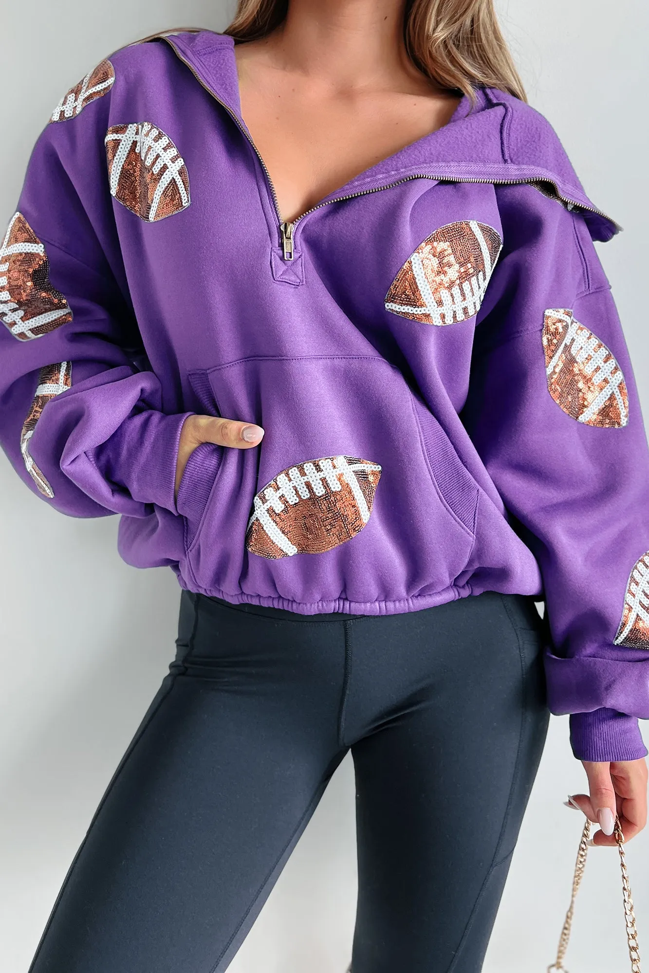 Kickoff Time Half-Zip Sequin Football Patch Hoodie (Purple)