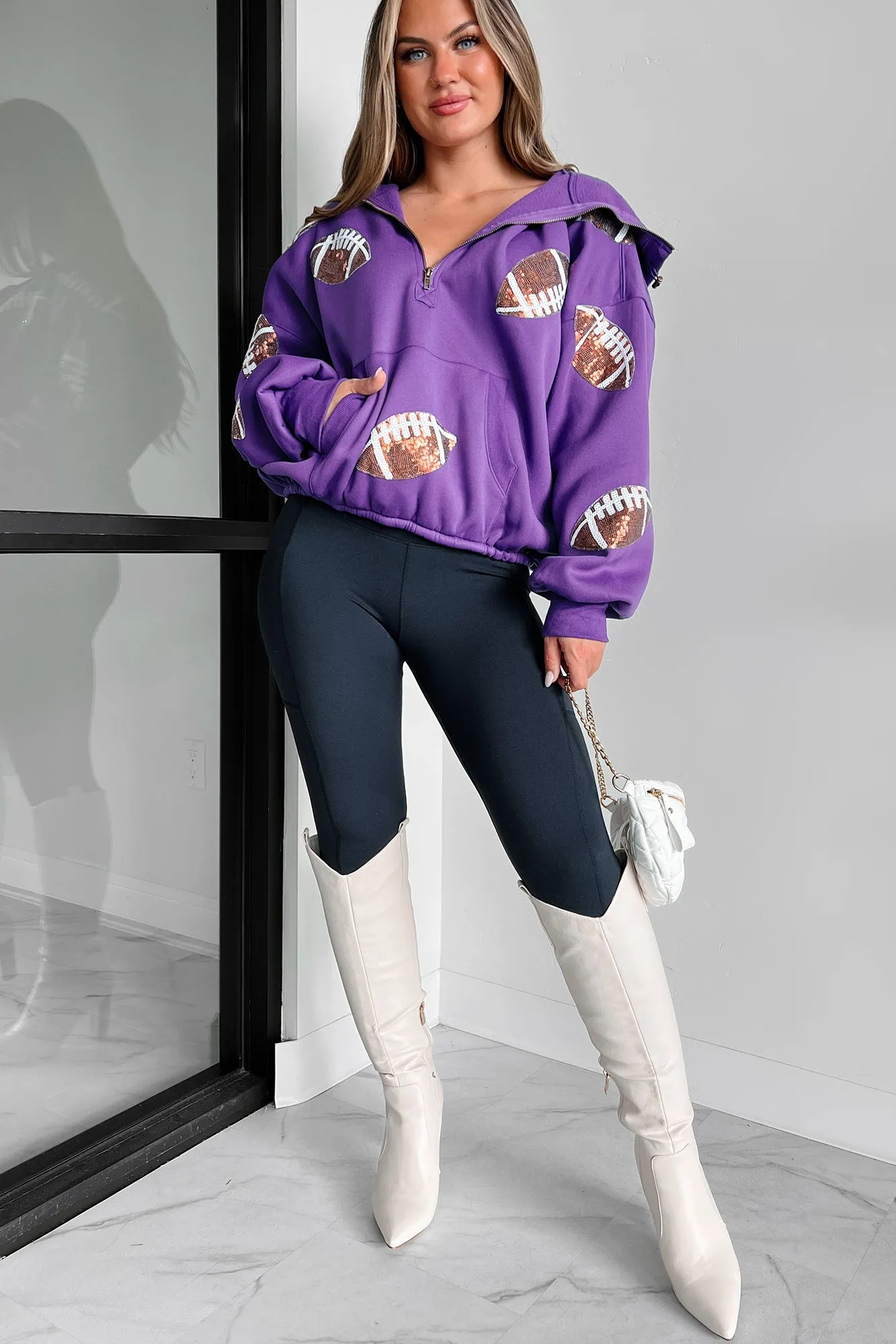 Kickoff Time Half-Zip Sequin Football Patch Hoodie (Purple)