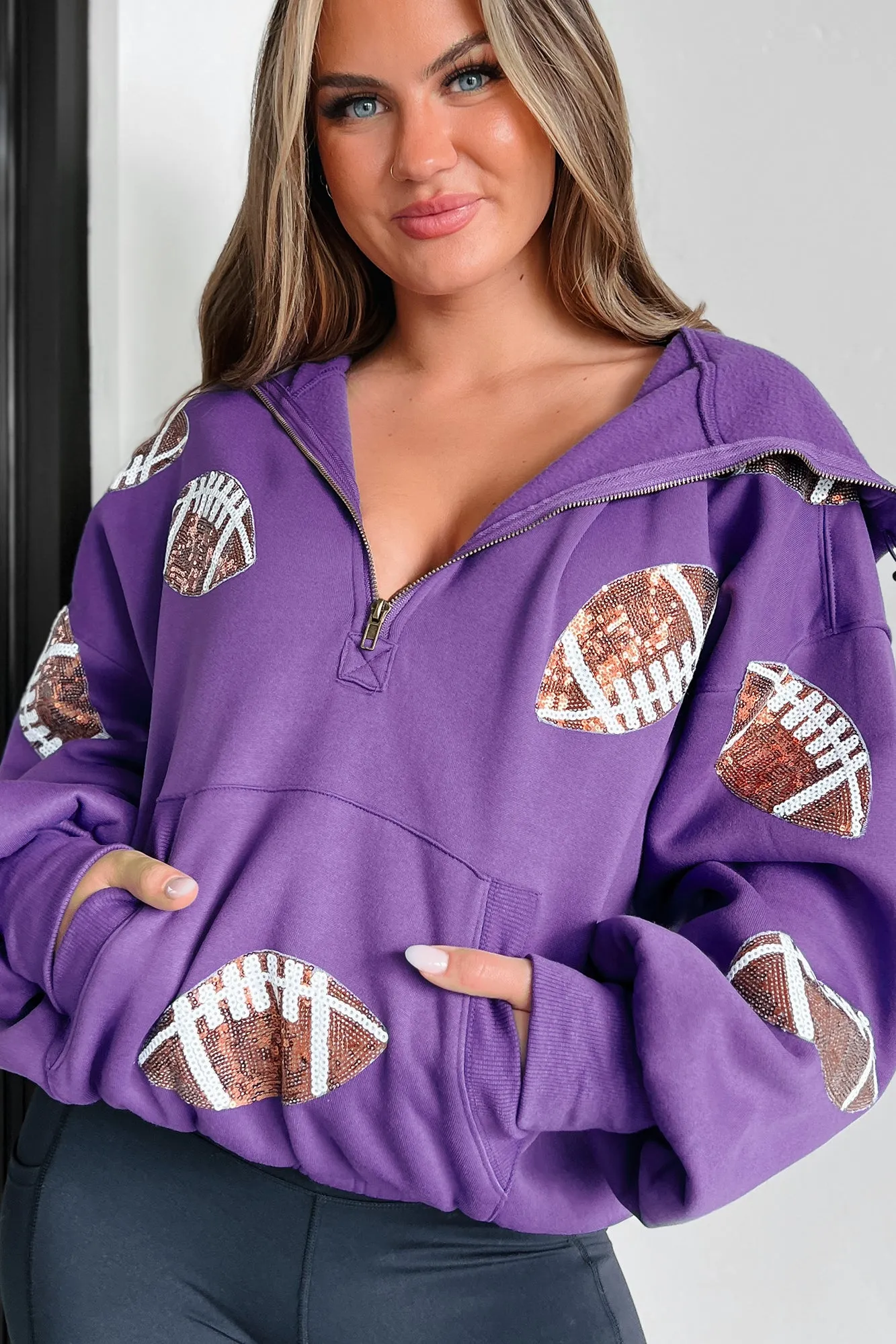 Kickoff Time Half-Zip Sequin Football Patch Hoodie (Purple)