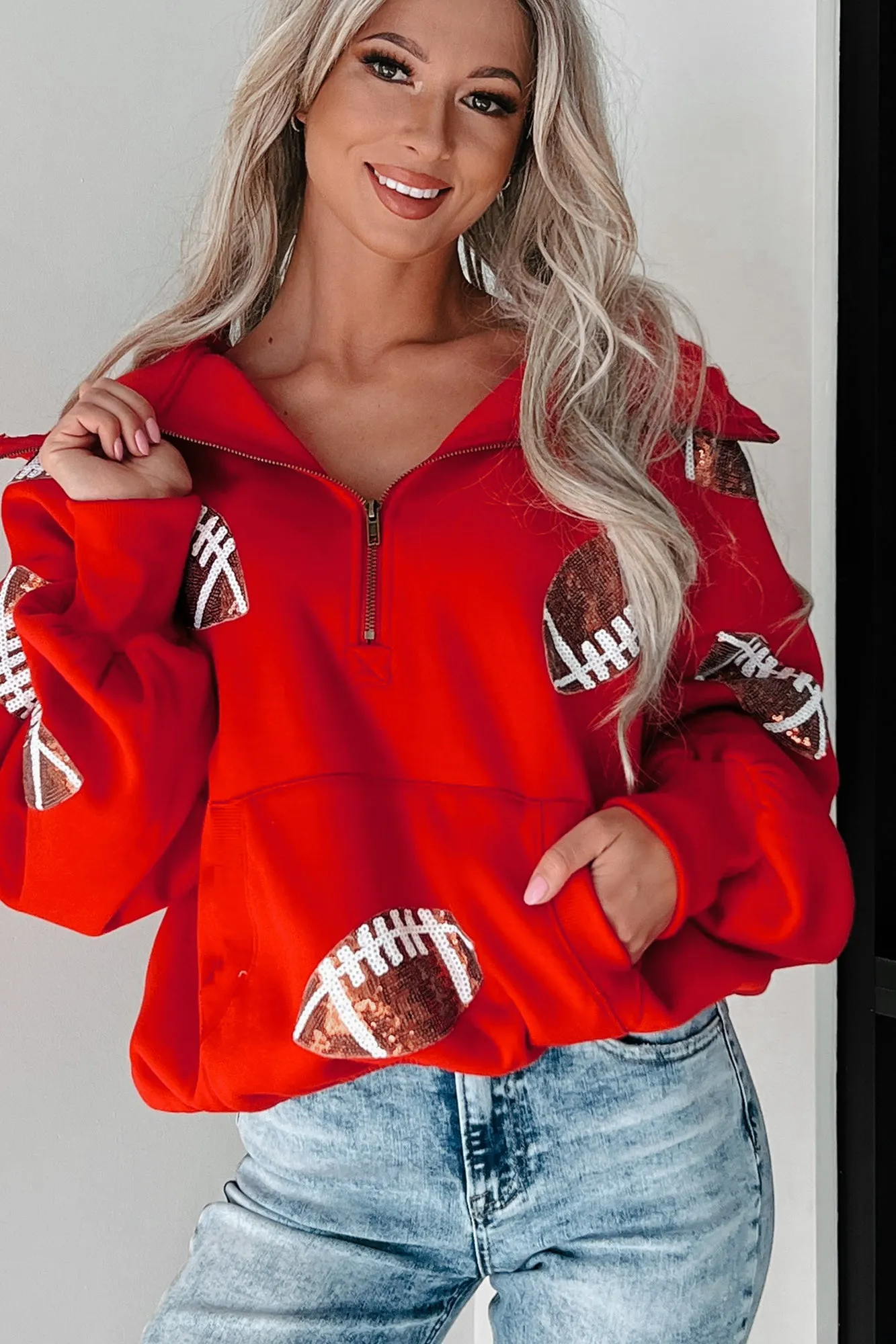 Kickoff Time Half-Zip Sequin Football Patch Hoodie (Red)