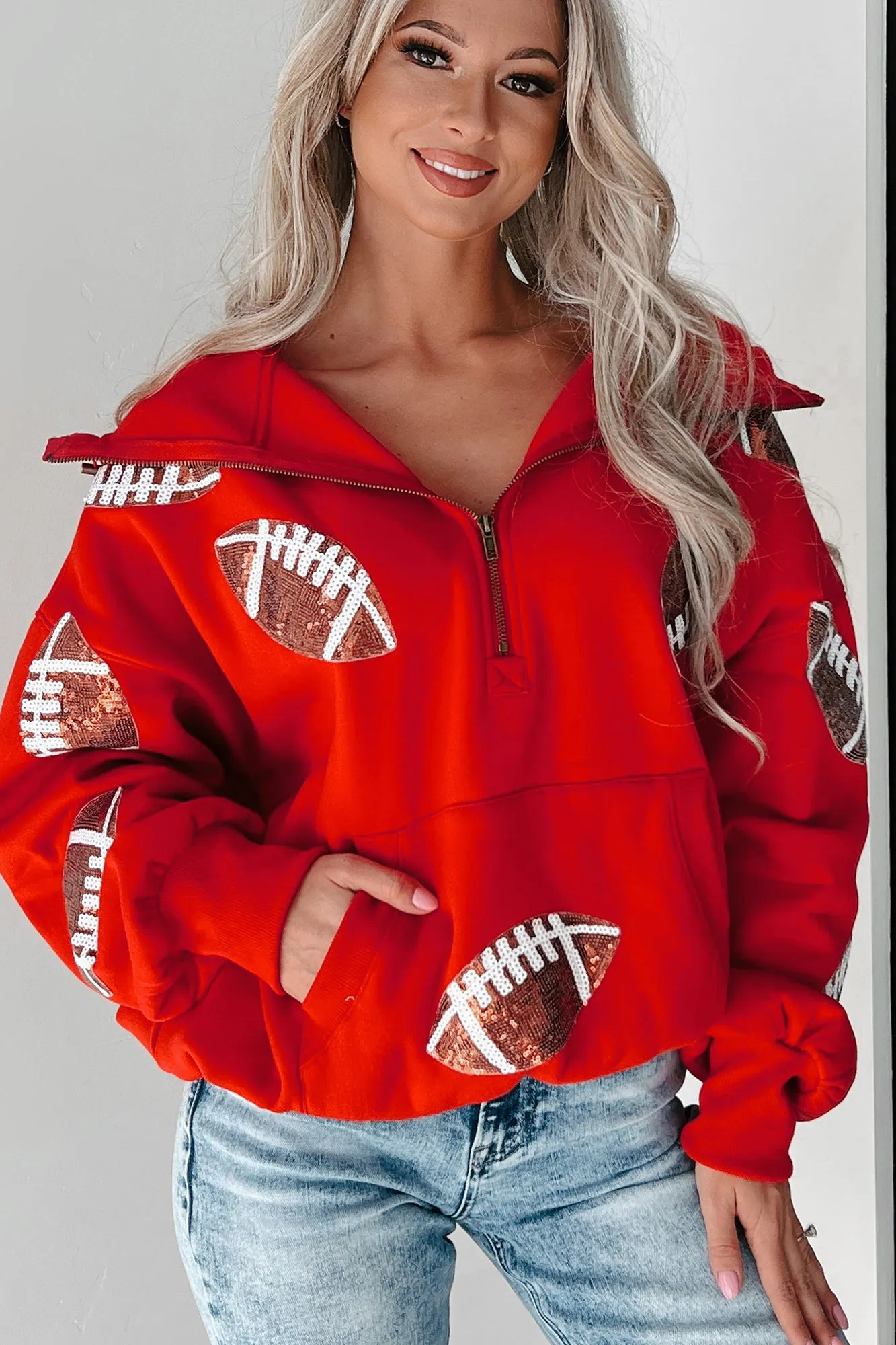 Kickoff Time Half-Zip Sequin Football Patch Hoodie (Red)