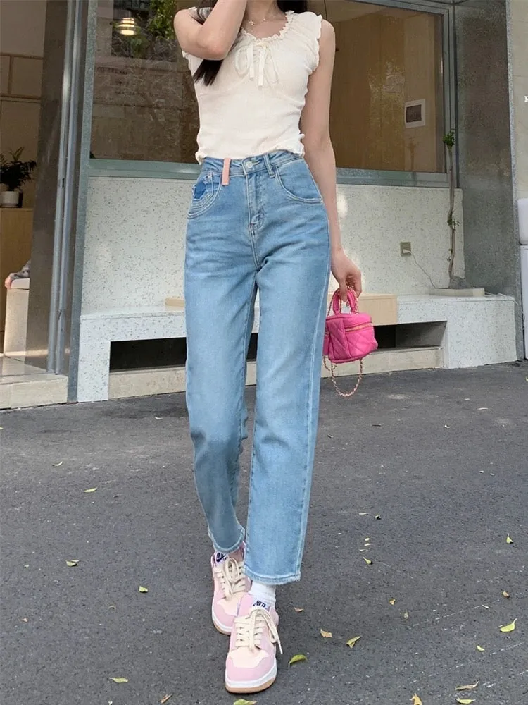 kumikumi retro washed blue jeans nine-point pants women's spring high-waist slim versatile straight long pants