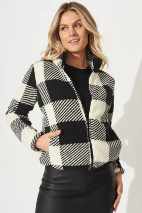 Linea Fluffy Jacket In Black With Beige Check