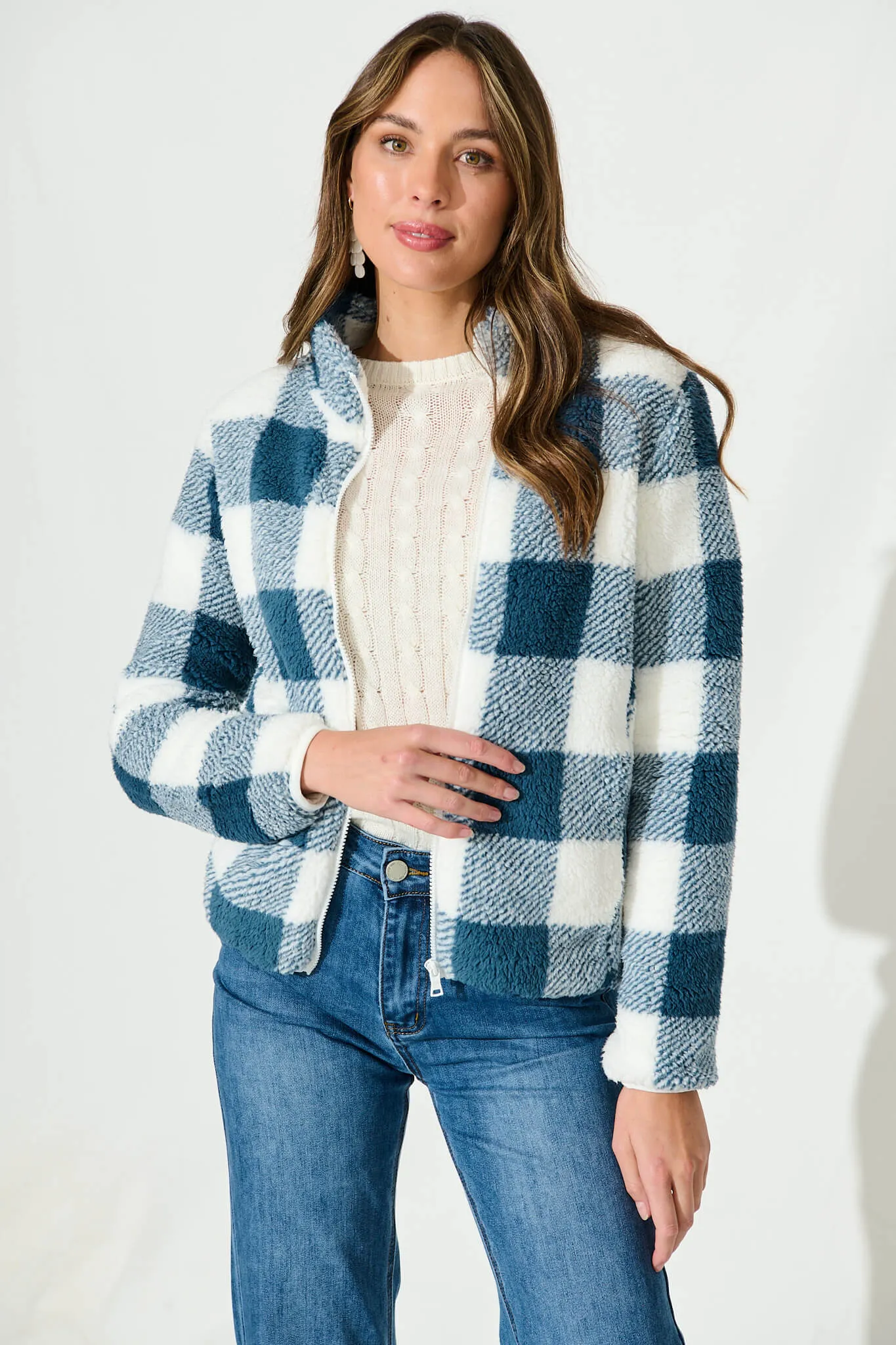 Linea Fluffy Jacket In Blue With White Check