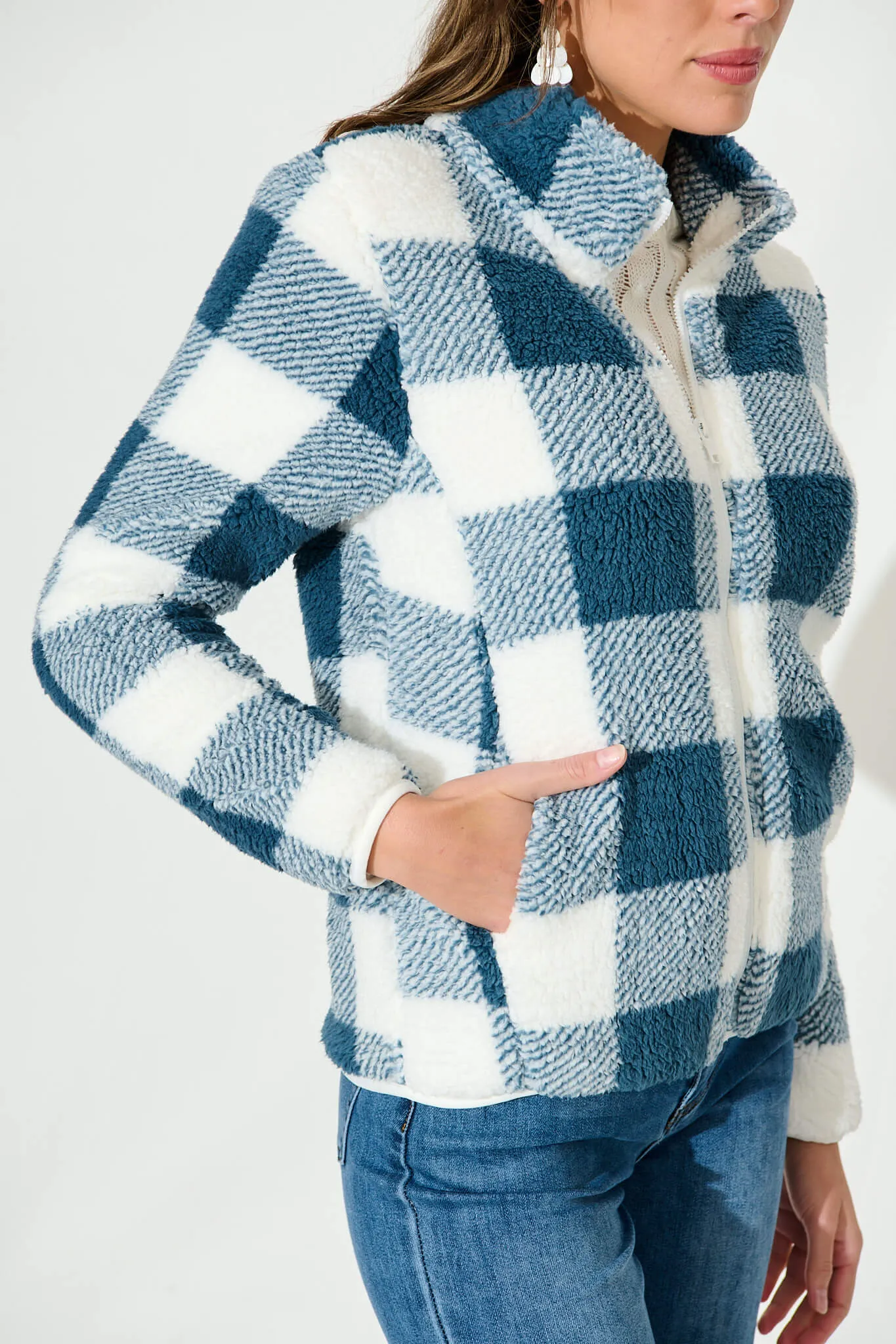 Linea Fluffy Jacket In Blue With White Check